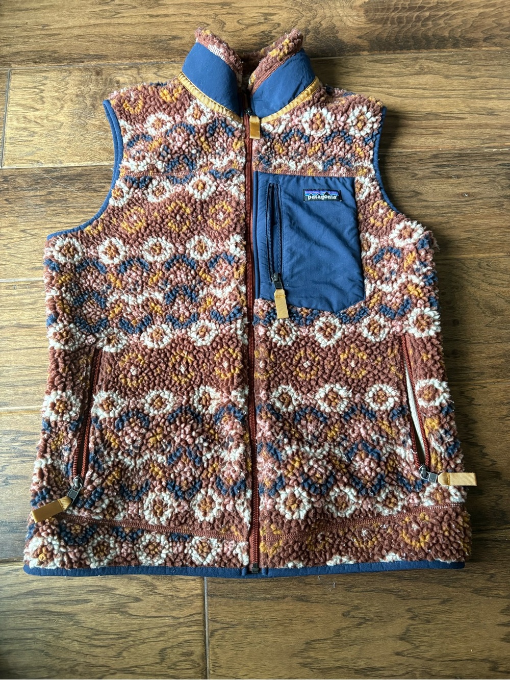 Patagonia Classic Retro X Fleece Multicolor Sherpa Zip Vest - Rust, Blue, Cream